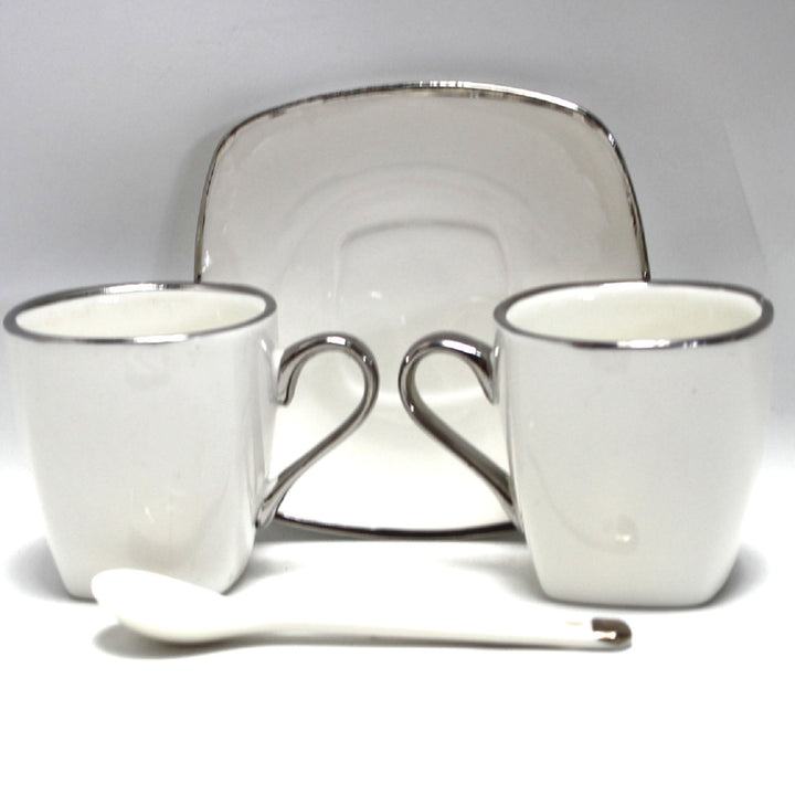 Queen Isabell Espresso Cups with Saucers 2 Piece Porcelain Set, Fine Bone China, 2x 80 ml, White with Silver