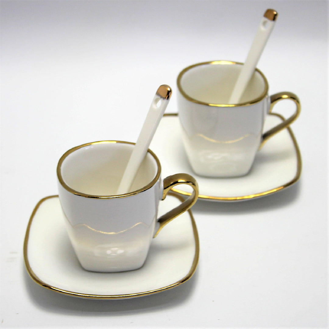 Queen Isabell Espresso Cups with Saucers 2 Piece Porcelain Set, Fine Bone China, 2x 80 ml, White with Gold