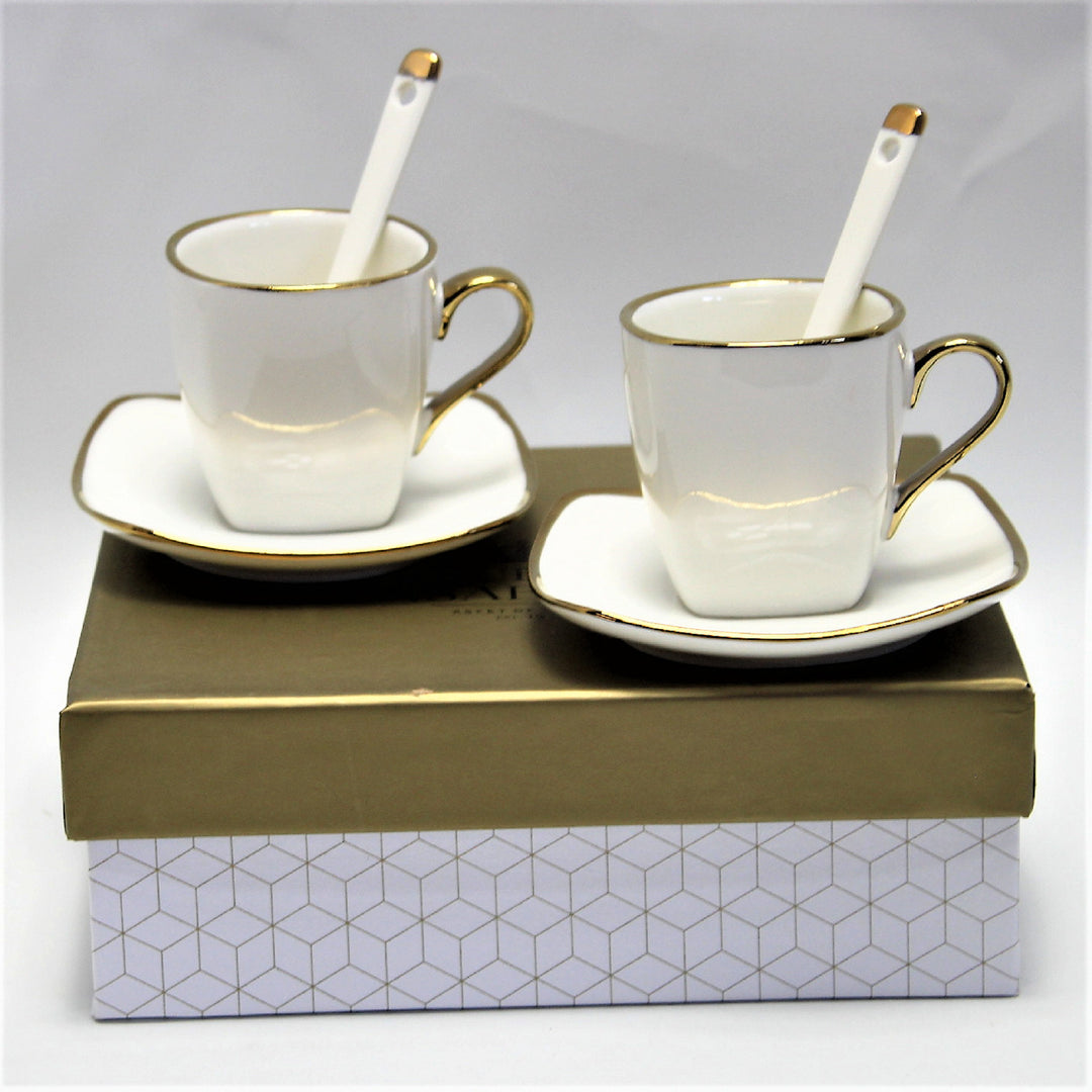 Queen Isabell Espresso Cups with Saucers 2 Piece Porcelain Set, Fine Bone China, 2x 80 ml, White with Gold