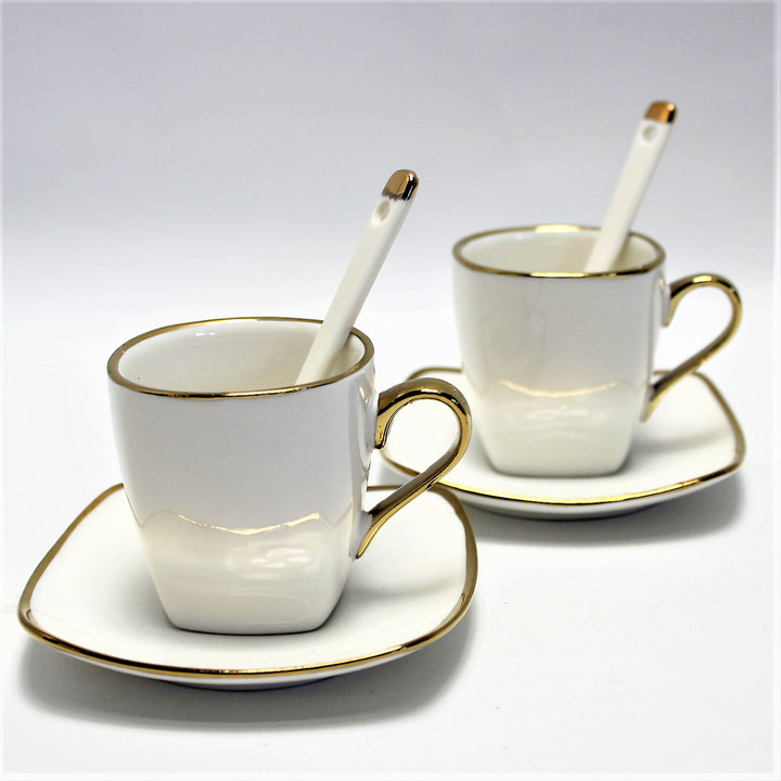 Queen Isabell Espresso Cups with Saucers 2 Piece Porcelain Set, Fine Bone China, 2x 80 ml, White with Gold