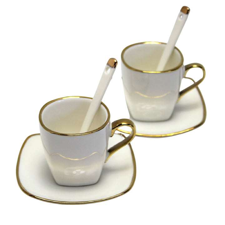 Queen Isabell Espresso Cups with Saucers 2 Piece Porcelain Set, Fine Bone China, 2x 80 ml, White with Gold