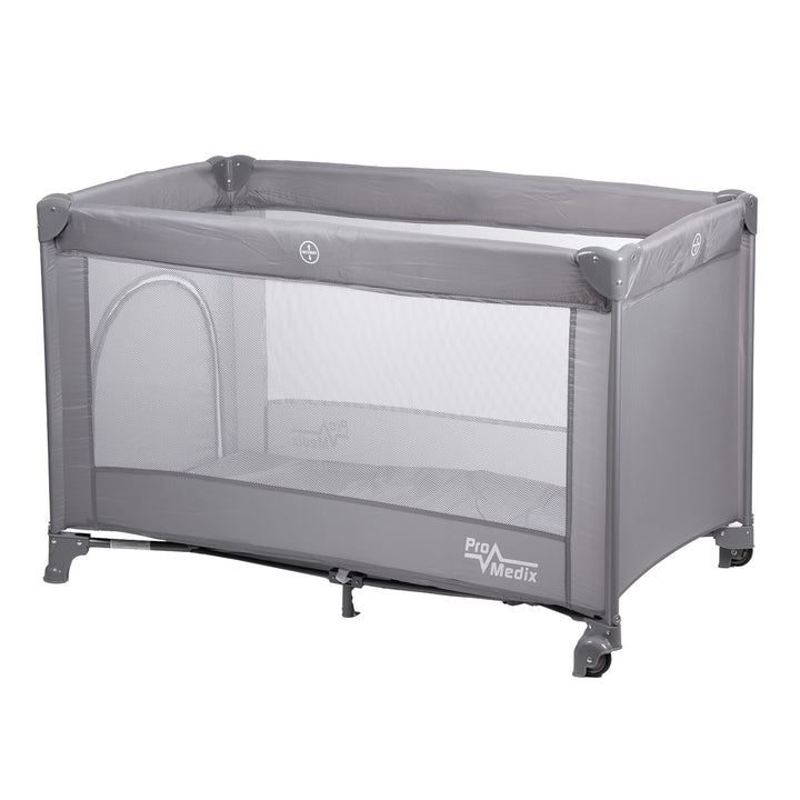 Promedix travel crib, 125x65x74cm, grey, casters, protective cover, PR-803 G + Korbell 26L used diaper container