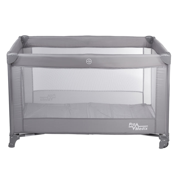 Promedix travel crib, 125x65x74cm, grey, casters, protective cover, PR-803 G + Korbell 26L used diaper container