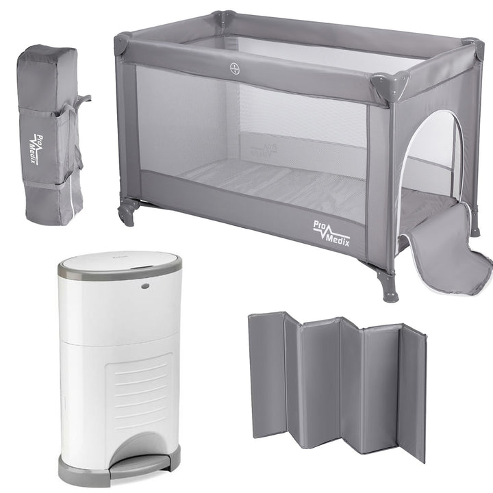 Promedix travel crib, 125x65x74cm, grey, casters, protective cover, PR-803 G + Korbell 26L used diaper container