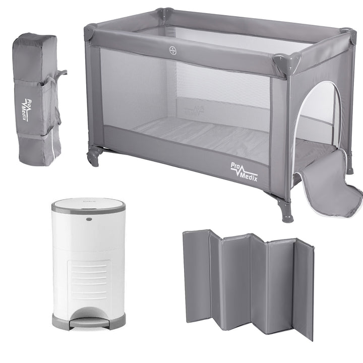 Promedix travel crib, 125x65x74cm, grey, casters, protective cover, PR-803 G + Korbell 9L used diaper container