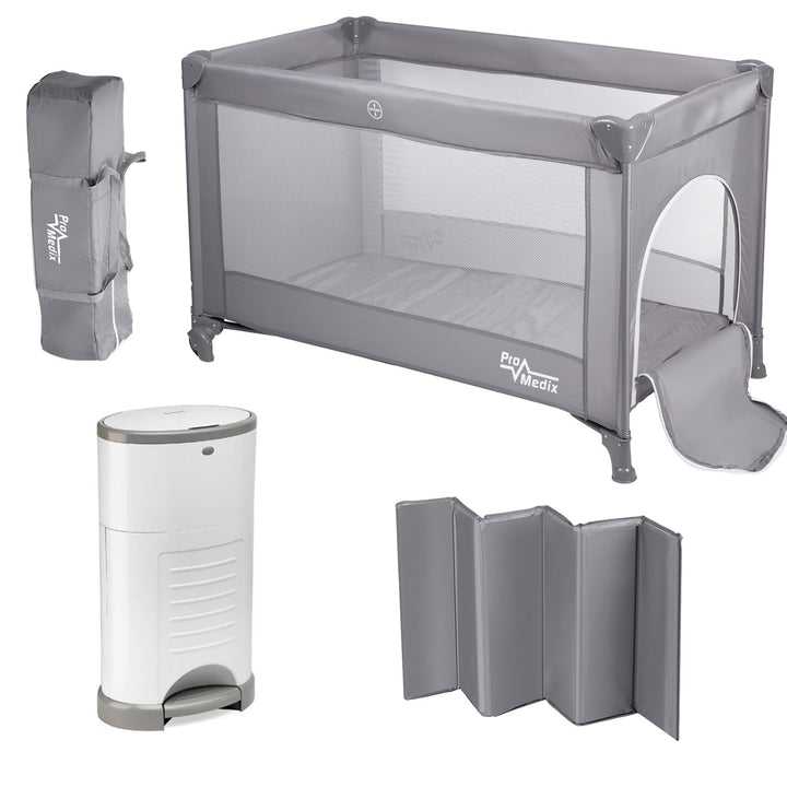 Promedix travel crib, 125x65x74cm, grey, casters, protective cover, PR-803 G + Korbell 16L used diaper container