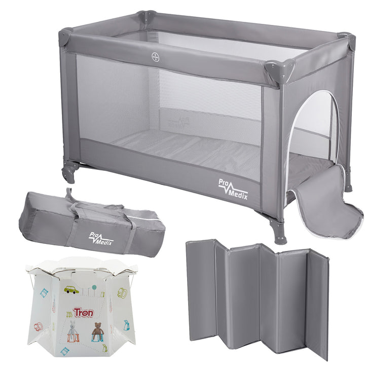 Promedix travel crib, 125x65x74cm, gray, casters, protective cover, PR-803 G + Disposable baby potty Tron teddy bear/rabbit 10 pcs.