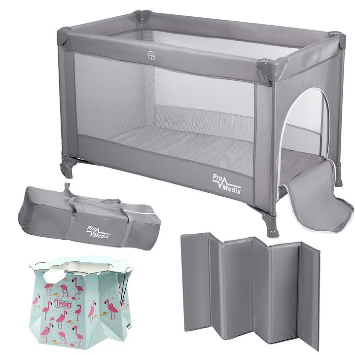 Promedix travel crib, 125x65x74cm, grey, casters, protective cover, PR-803 G + Disposable baby potty Tron flamingo 10pcs