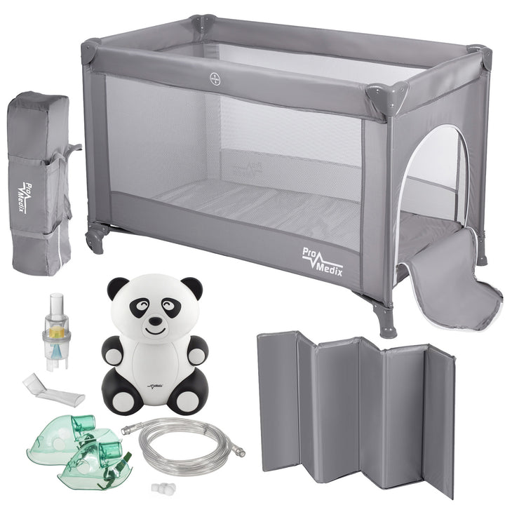 Promedix travel crib, 125x65x74cm, grey, casters, protective cover, PR-803 G + Panda baby inhaler PR-812