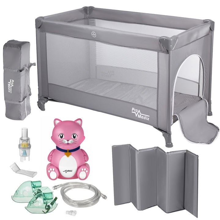 Promedix travel crib, 125x65x74cm, grey, casters, protective cover, PR-803 G + PR-816 cat baby inhaler