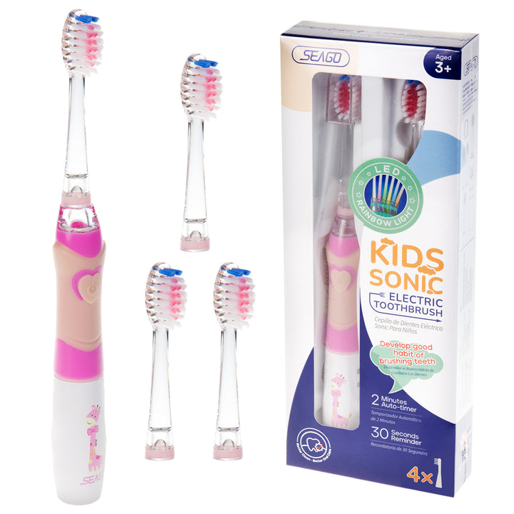 SEAGO Cepillo Dental Sónico Infantil, Color Rosa, 1xAA 1,5V (no incluido), 3 Puntas de Repuesto, SG-977 Rosa