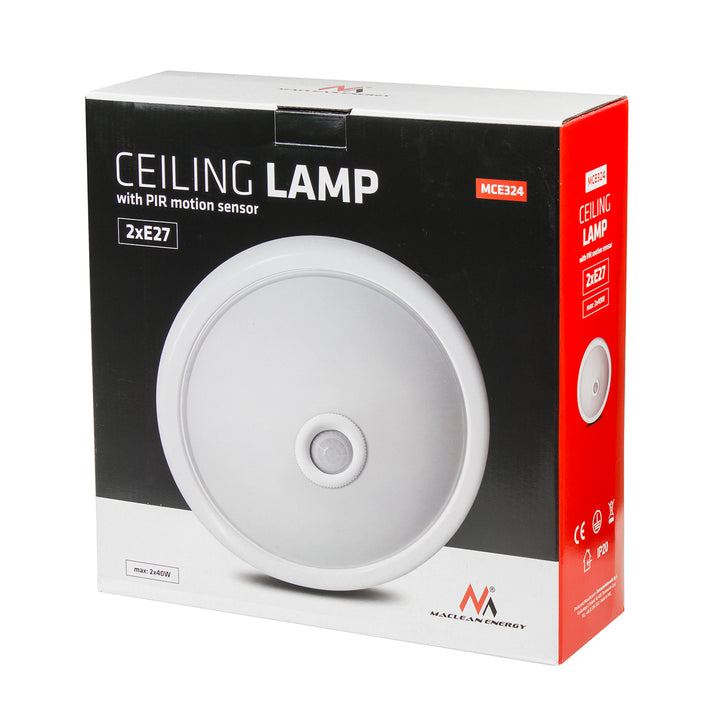 Maclean - Plafondlamp met een PIR bewegings- en schemersensor + 2 E27 8W gloeilampen - 40W, E27, 220-240V~ 50/60Hz