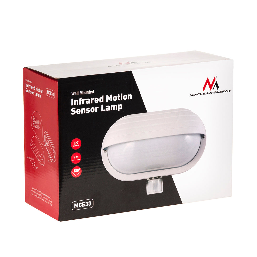 Maclean MCE33 W wall luminaire, with PIR sensor, max. 60W, 180° + LED 8W