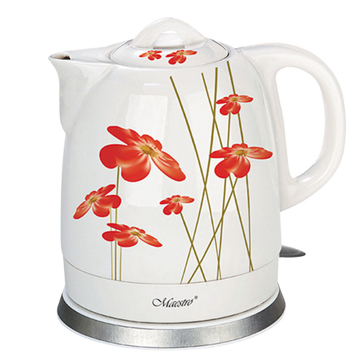 Maestro MR066 Ceramic Electric Kettle 1.5L - Red Poppy Flower Pattern 1200W Plastic-Free Water Cordless Swivel Base