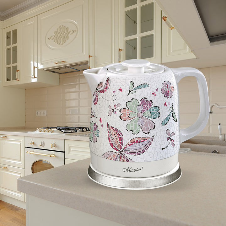 Maestro MR068 1200W Ceramic Electric Kettle 1.5L UK Plug Flower Mosaic Pattern Auto Shut Off Decorative Elegant