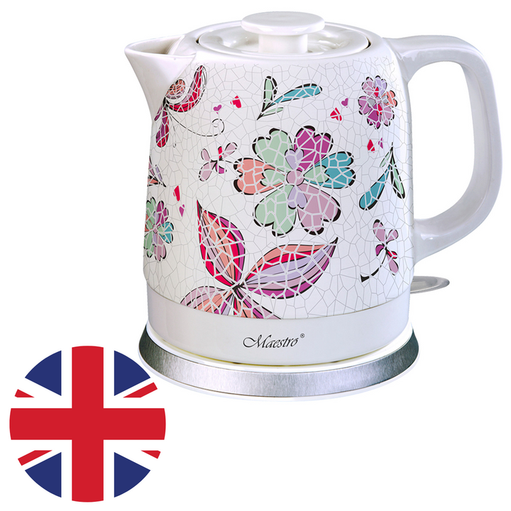 Maestro MR068 1200W Ceramic Electric Kettle 1.5L UK Plug Flower Mosaic Pattern Auto Shut Off Decorative Elegant