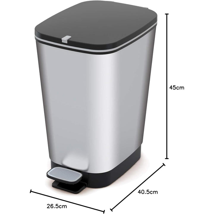 Curver Kis Chic 237544 Pedal Waste Bin 30L Garbage Can Metallic Silver Modern Non-Slip Feet