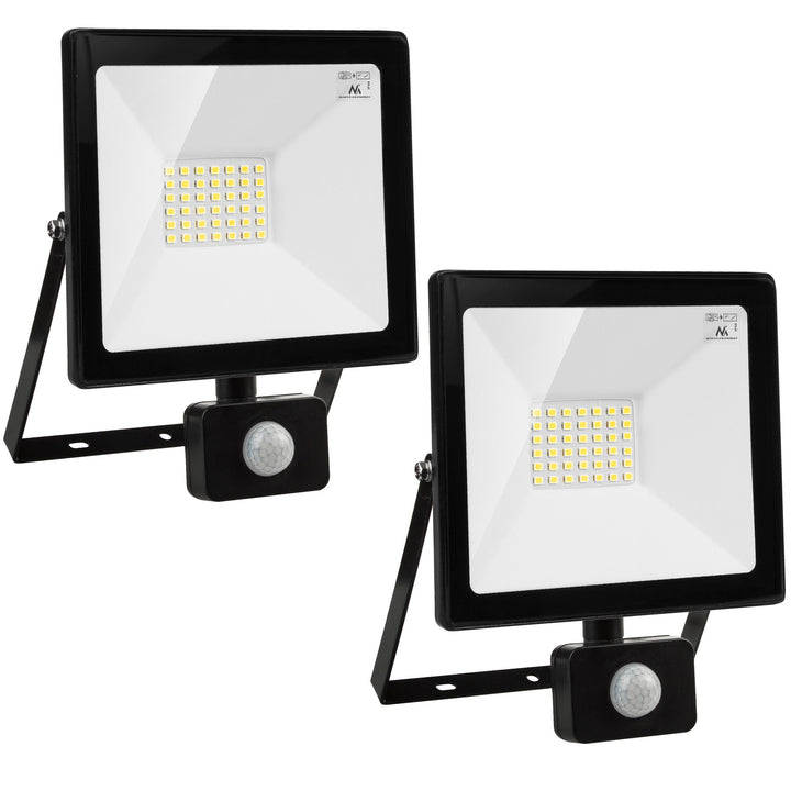 2x Reflector Foco LED Maclean MCE630 WW PIR con sensor de movimiento, delgado 30W, 2400lm, blanco cálido (3000K), IP44