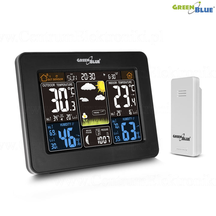 GreenBlue GB 523 Weather Station DCF Alarm Display Indoor Outdoor Sensor Temperature Humidity