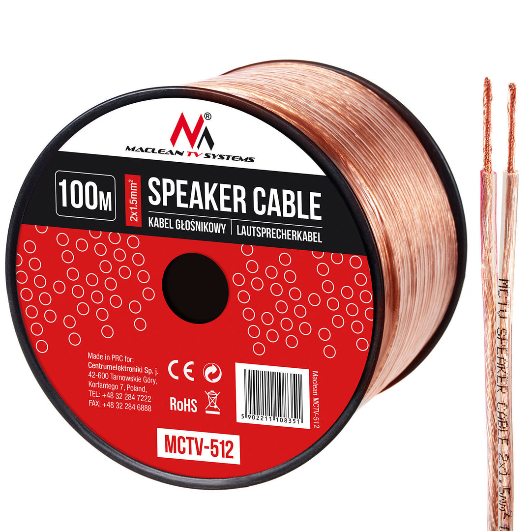 Maclean MCTV-510 Speaker Cable Audio 2 x 1,5mm2 25m OFC CCA Transparent Flexible Car Home