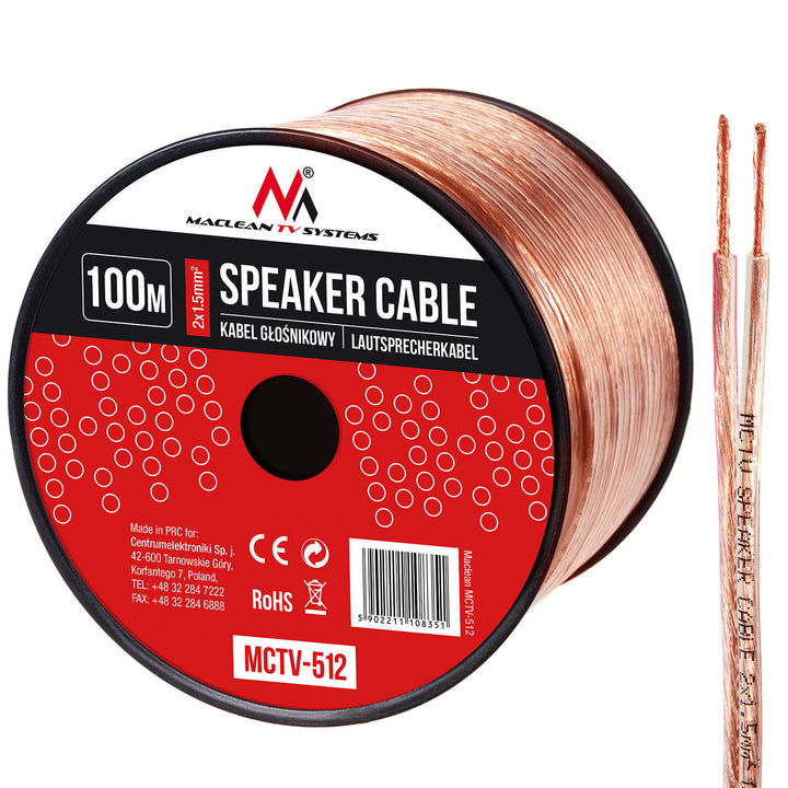 Maclean MCTV-510 Speaker Cable Audio 2 x 1,5mm2 25m OFC CCA Transparent Flexible Car Home