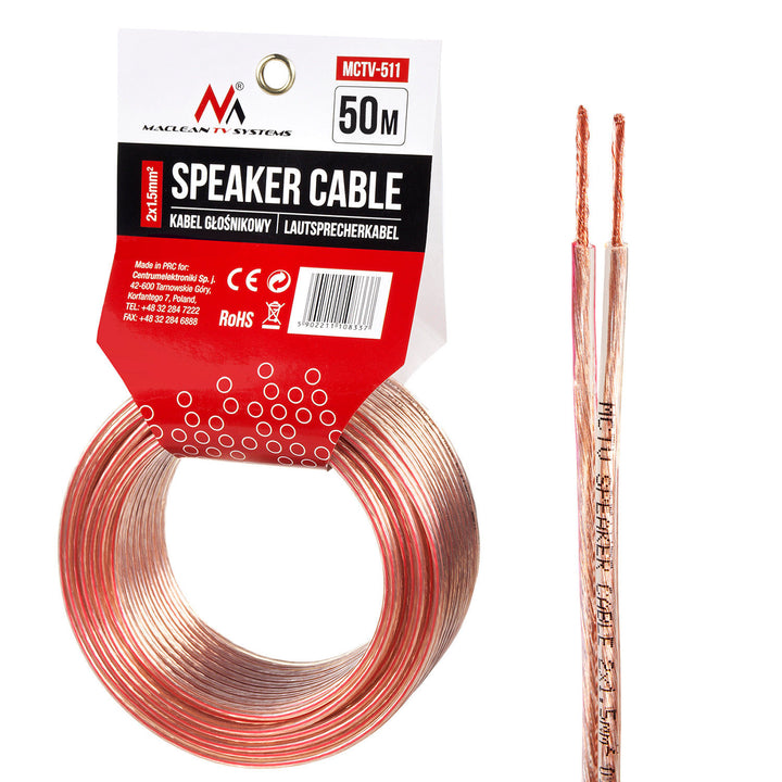 Maclean MCTV-510 Speaker Cable Audio 2 x 1.5mm2 25m OFC CCA Transparent Flexible Car Home